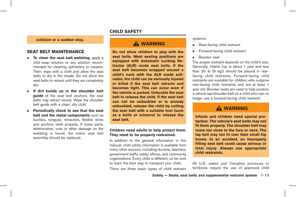 Seat belt maintenance -13, Child safety -13, Warning | NISSAN 2015 GT R - Owner's Manual User Manual | Page 62 / 358