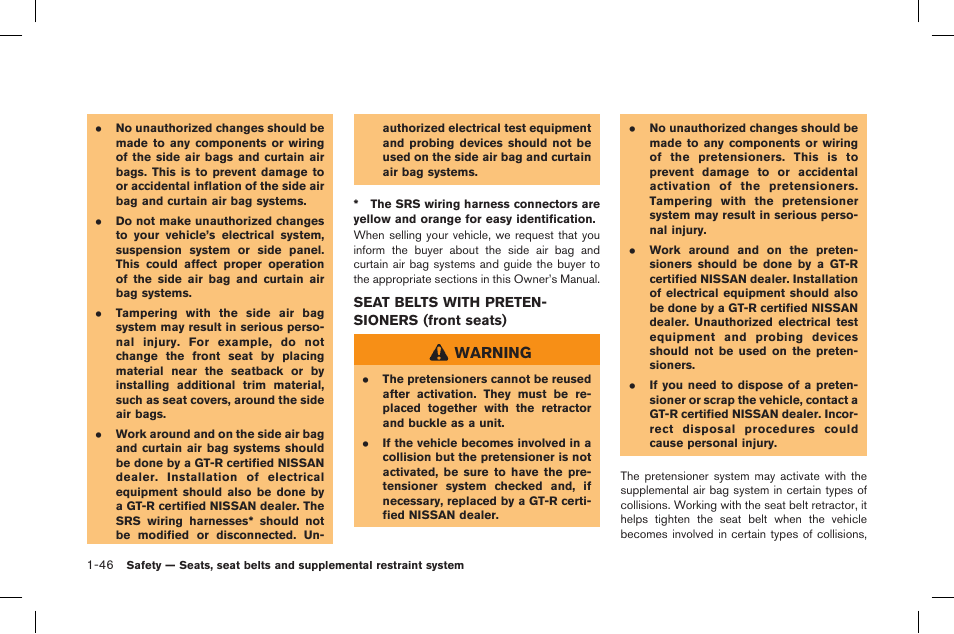 Seat belts with pretensioners (front seats) -46, Warning | NISSAN 2015 GT R - Owner's Manual User Manual | Page 95 / 358
