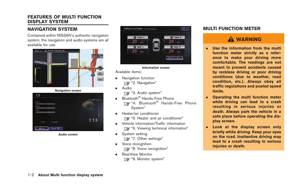 Features of multi function display system -2, Navigation system -2 multi function meter -2, Warning | NISSAN 2015 GT R - Multi Function Display Owner's Manual User Manual | Page 11 / 298