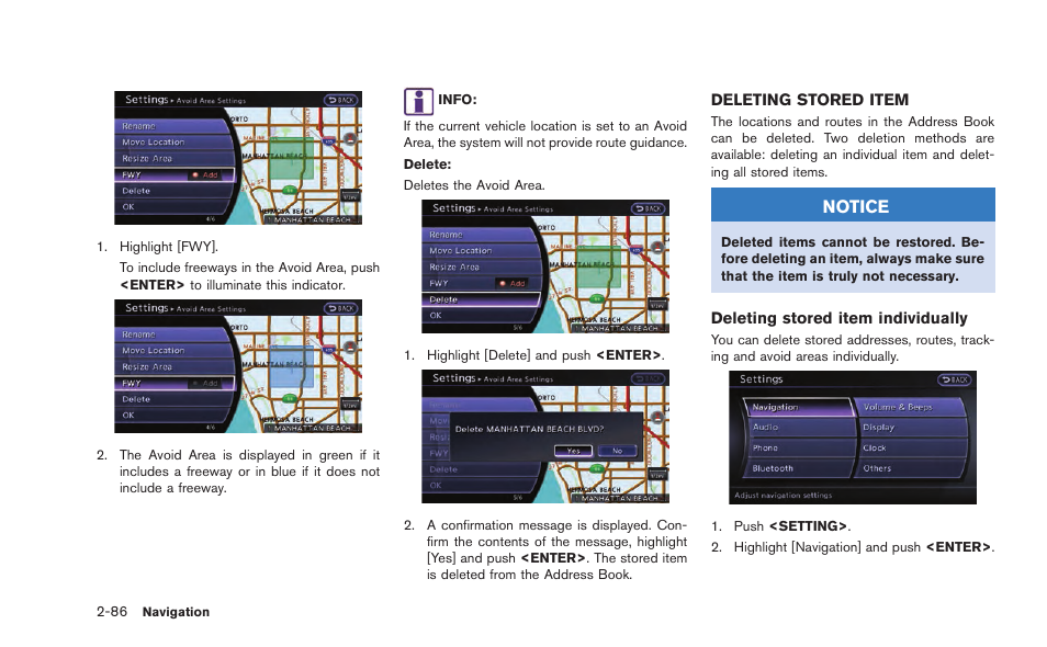 Deleting stored item -86, Notice | NISSAN 2015 GT R - Multi Function Display Owner's Manual User Manual | Page 111 / 298