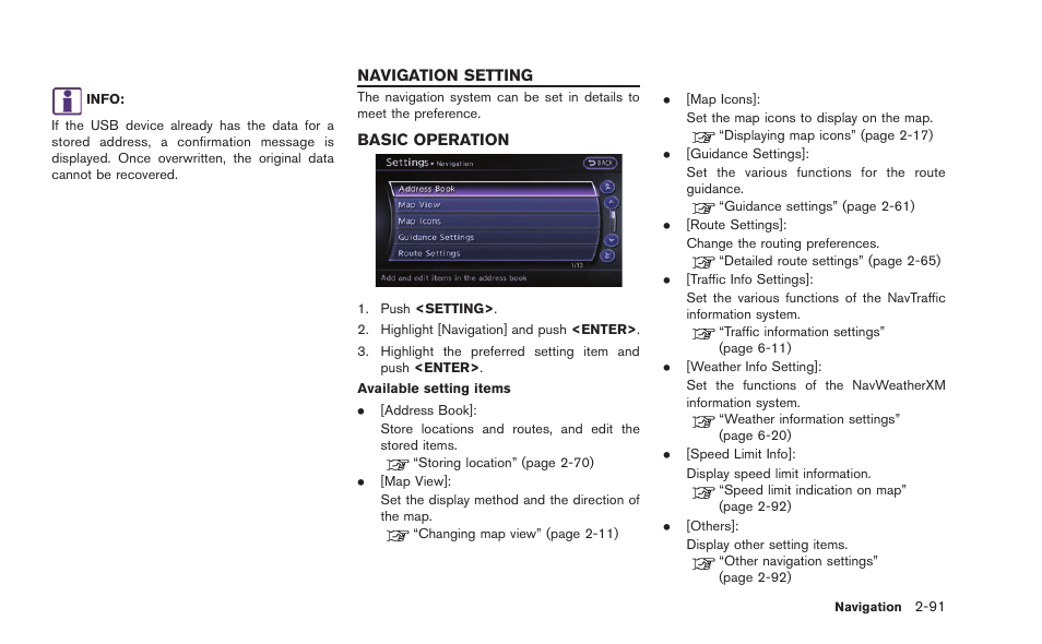 Navigation setting -91, Basic operation -91 | NISSAN 2015 GT R - Multi Function Display Owner's Manual User Manual | Page 116 / 298