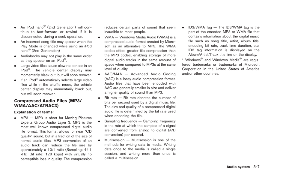 Compressed audio files (mp3/ wma/aac/atrac3) | NISSAN 2015 GT R - Multi Function Display Owner's Manual User Manual | Page 128 / 298