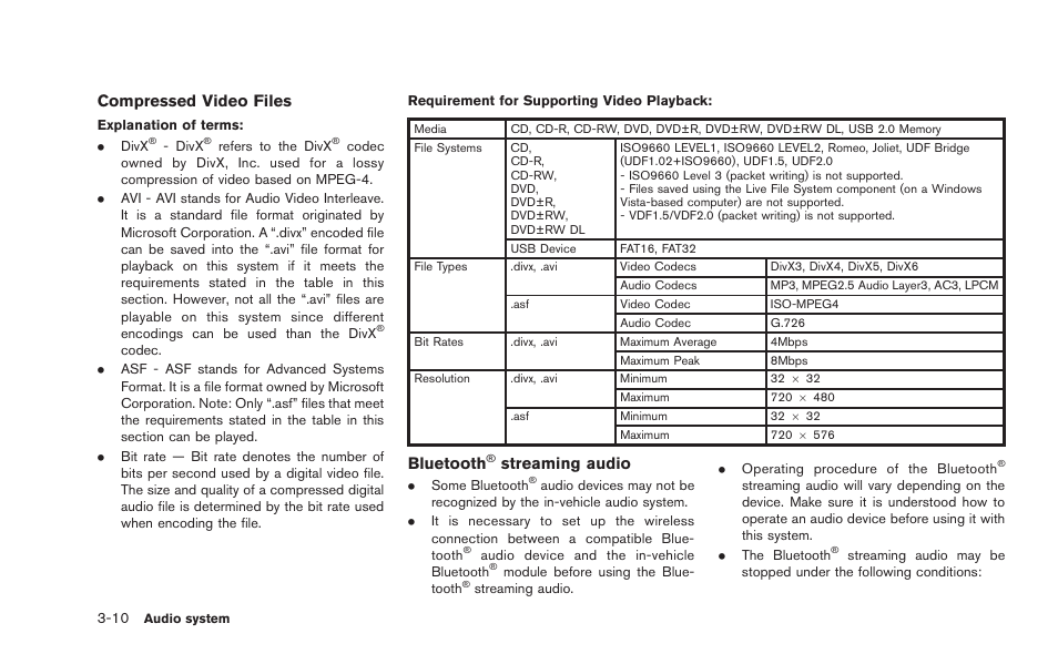 Compressed video files, Bluetooth, Streaming audio | NISSAN 2015 GT R - Multi Function Display Owner's Manual User Manual | Page 131 / 298