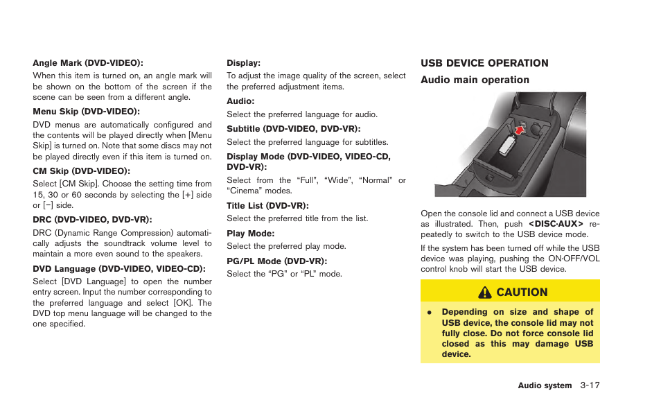 Usb device operation -17, Caution | NISSAN 2015 GT R - Multi Function Display Owner's Manual User Manual | Page 138 / 298