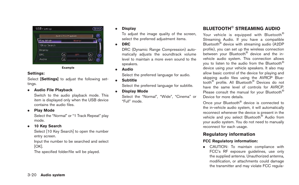 Bluetooth, Streaming audio -20, Streaming audio | Regulatory information | NISSAN 2015 GT R - Multi Function Display Owner's Manual User Manual | Page 141 / 298