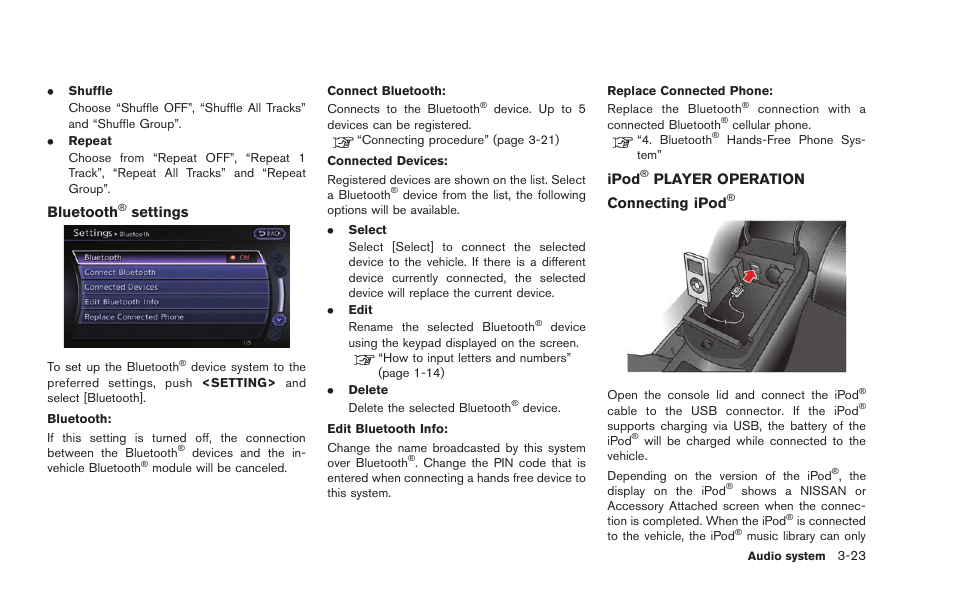 Ipod, Player operation -23, Bluetooth | Settings, Player operation connecting ipod | NISSAN 2015 GT R - Multi Function Display Owner's Manual User Manual | Page 144 / 298