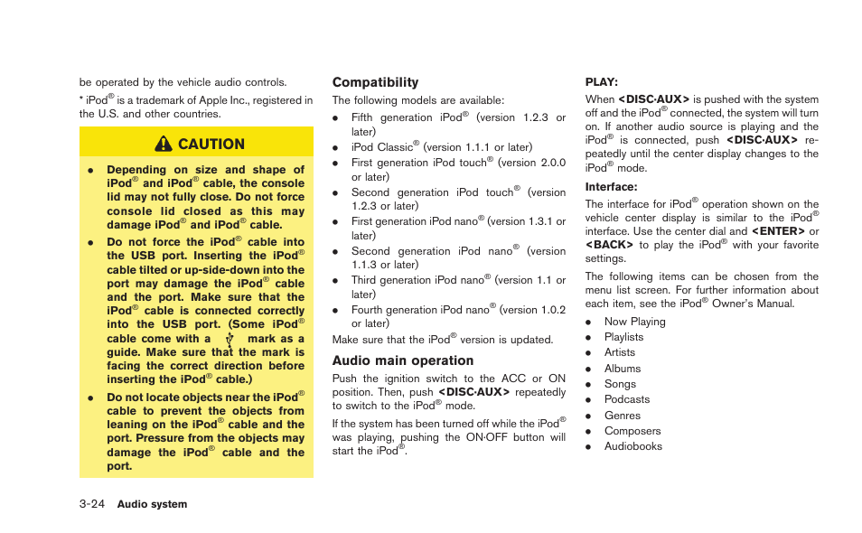 Caution, Compatibility, Audio main operation | NISSAN 2015 GT R - Multi Function Display Owner's Manual User Manual | Page 145 / 298