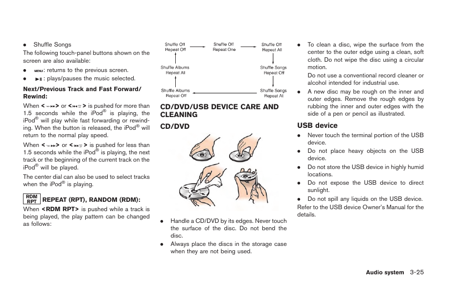 Cd/dvd/usb device care and cleaning -25 | NISSAN 2015 GT R - Multi Function Display Owner's Manual User Manual | Page 146 / 298