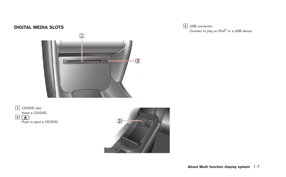 Digital media slots -7 | NISSAN 2015 GT R - Multi Function Display Owner's Manual User Manual | Page 16 / 298