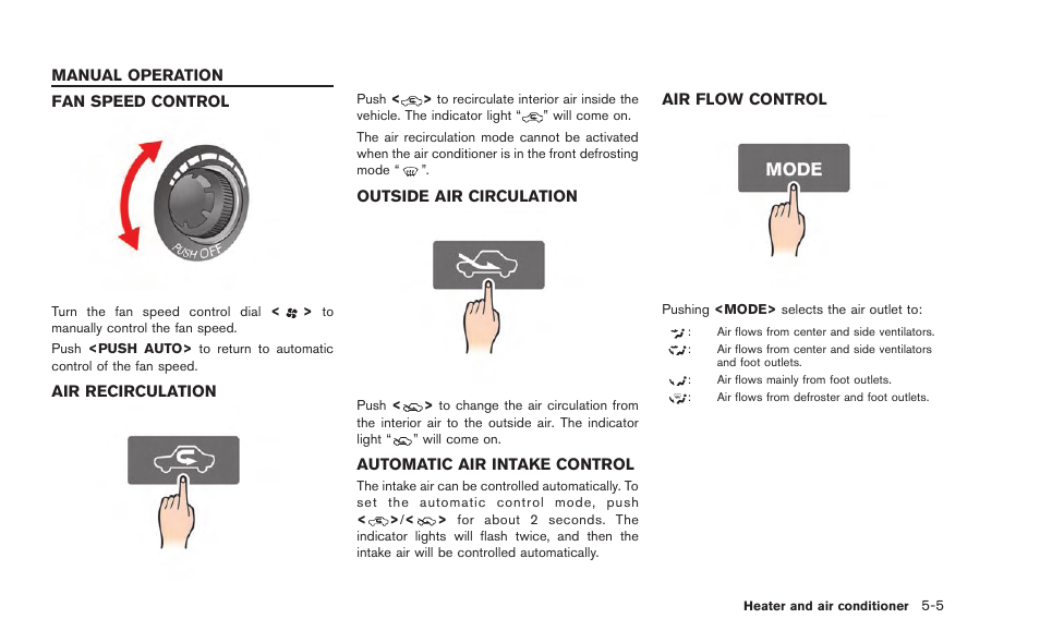 Manual operation -5, Fan speed control -5 air recirculation -5 | NISSAN 2015 GT R - Multi Function Display Owner's Manual User Manual | Page 160 / 298