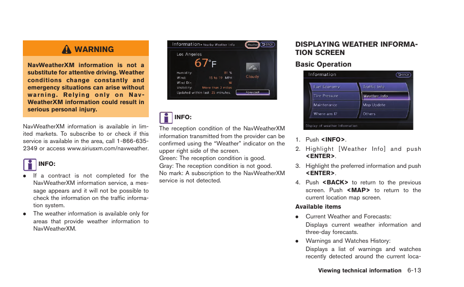 Displaying weather information screen -13, Warning | NISSAN 2015 GT R - Multi Function Display Owner's Manual User Manual | Page 176 / 298