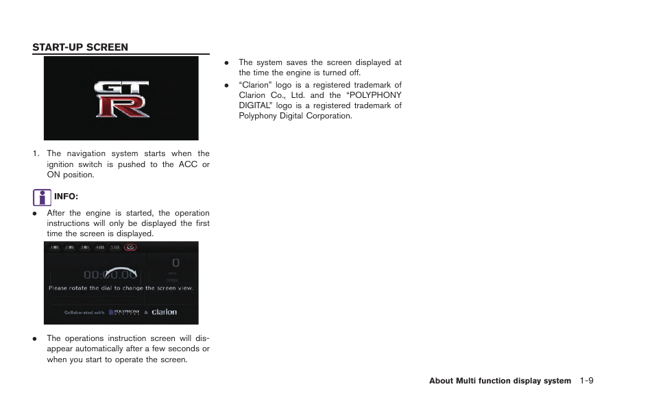 Start-up screen -9 | NISSAN 2015 GT R - Multi Function Display Owner's Manual User Manual | Page 18 / 298