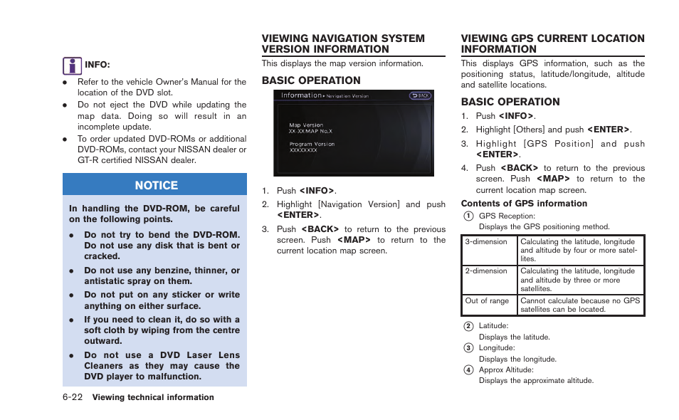 Viewing navigation system version information -22, Basic operation -22, Viewing gps current location information -22 | Notice | NISSAN 2015 GT R - Multi Function Display Owner's Manual User Manual | Page 185 / 298