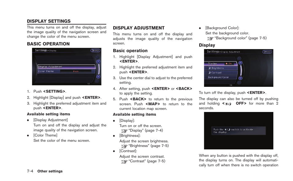 Display settings -4, Basic operation -4 display adjustment -4 | NISSAN 2015 GT R - Multi Function Display Owner's Manual User Manual | Page 191 / 298