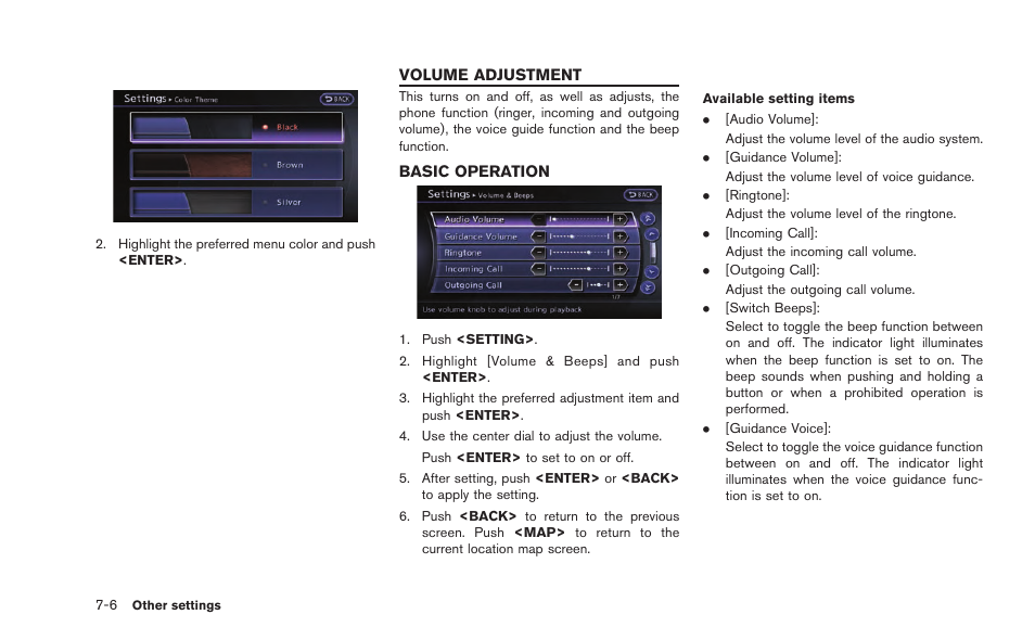 Volume adjustment -6, Basic operation -6 | NISSAN 2015 GT R - Multi Function Display Owner's Manual User Manual | Page 193 / 298