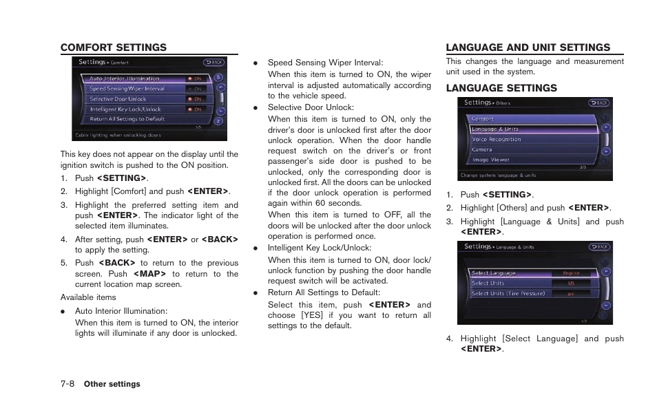 Comfort settings -8 language and unit settings -8, Language settings -8 | NISSAN 2015 GT R - Multi Function Display Owner's Manual User Manual | Page 195 / 298