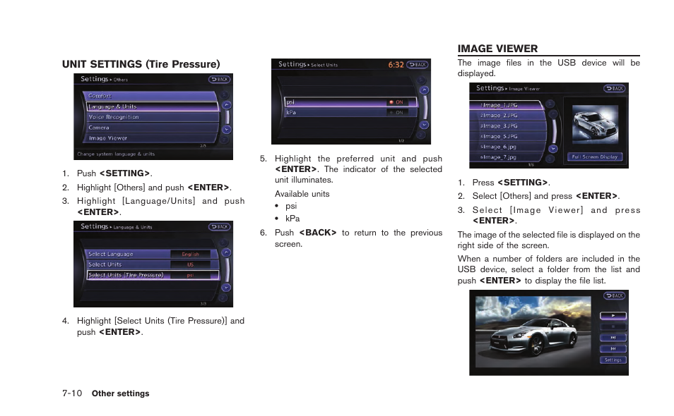 Unit settings (tire pressure) -10, Image viewer -10 | NISSAN 2015 GT R - Multi Function Display Owner's Manual User Manual | Page 197 / 298