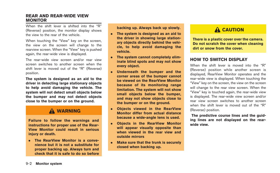 Rear and rear-wide view monitor -2, How to switch display -2, Warning | Caution | NISSAN 2015 GT R - Multi Function Display Owner's Manual User Manual | Page 229 / 298