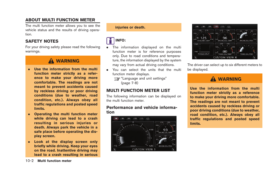 About multi function meter -2, Safety notes -2 multi function meter list -2 | NISSAN 2015 GT R - Multi Function Display Owner's Manual User Manual | Page 237 / 298