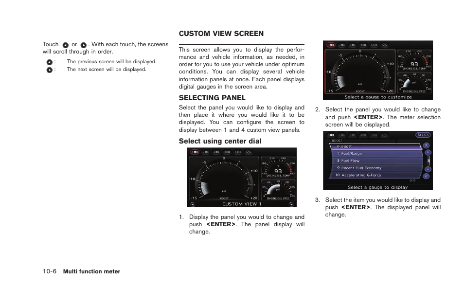 Custom view screen -6, Selecting panel -6 | NISSAN 2015 GT R - Multi Function Display Owner's Manual User Manual | Page 241 / 298