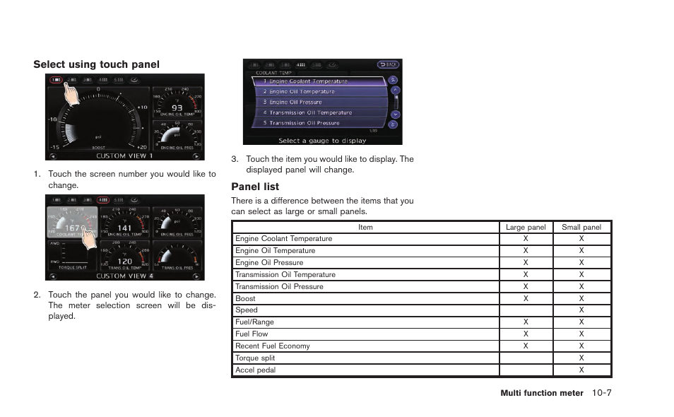 Select using touch panel, Panel list | NISSAN 2015 GT R - Multi Function Display Owner's Manual User Manual | Page 242 / 298