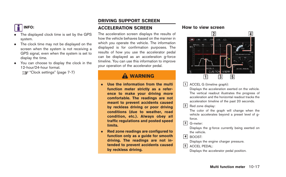 Driving support screen -17, Acceleration screen -17 | NISSAN 2015 GT R - Multi Function Display Owner's Manual User Manual | Page 252 / 298