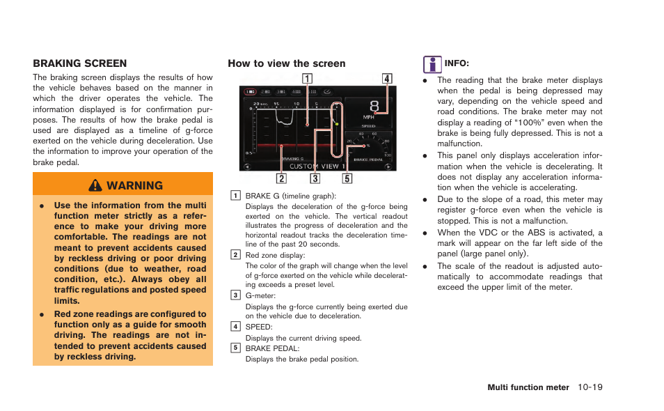 Braking screen -19 | NISSAN 2015 GT R - Multi Function Display Owner's Manual User Manual | Page 254 / 298