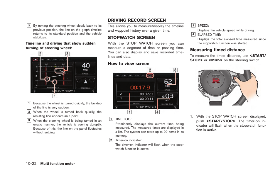 Driving record screen -22, Stopwatch screen -22 | NISSAN 2015 GT R - Multi Function Display Owner's Manual User Manual | Page 257 / 298