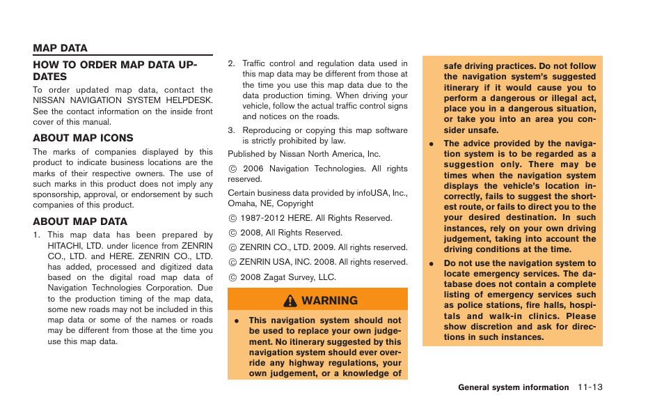 Map data -13, Warning | NISSAN 2015 GT R - Multi Function Display Owner's Manual User Manual | Page 274 / 298