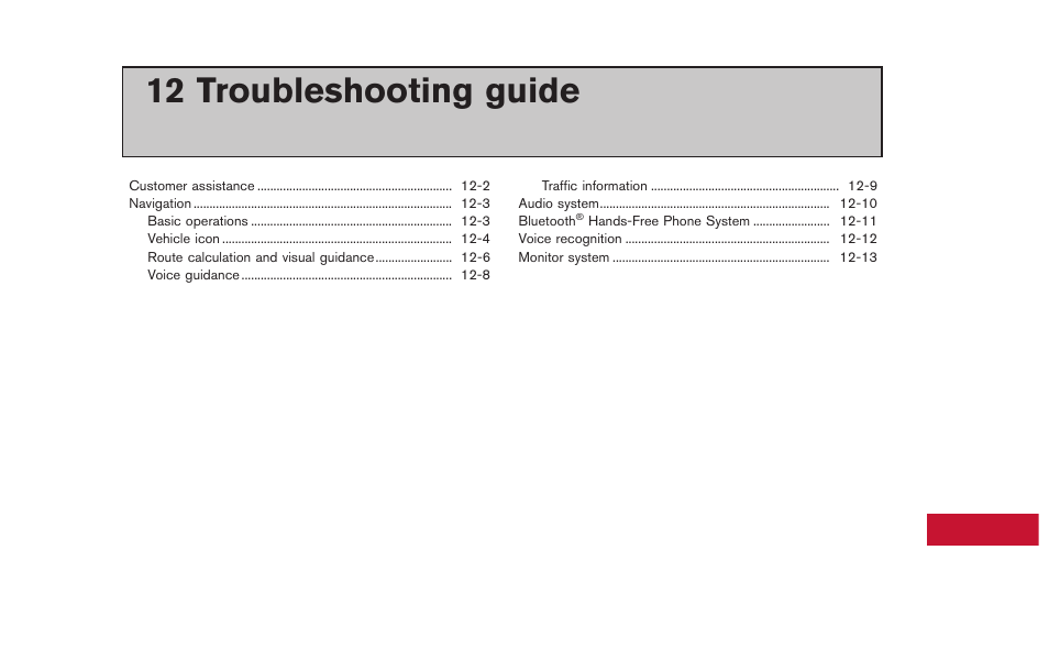 Troubleshooting guide, 12 troubleshooting guide | NISSAN 2015 GT R - Multi Function Display Owner's Manual User Manual | Page 280 / 298