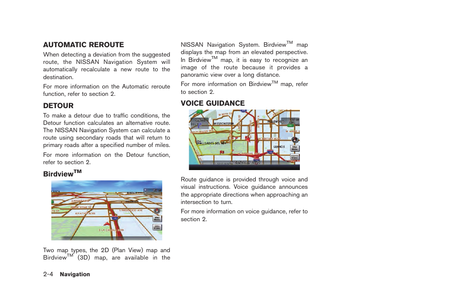 Automatic reroute -4 detour -4 birdview, Voice guidance -4 | NISSAN 2015 GT R - Multi Function Display Owner's Manual User Manual | Page 29 / 298