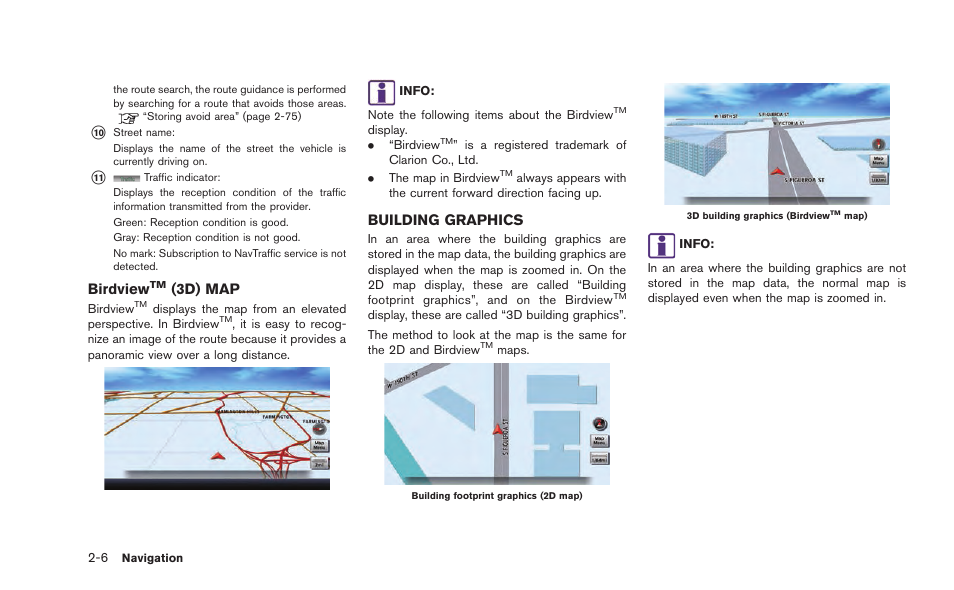 Birdview, 3d) map -6, Building graphics -6 | 3d) map, Building graphics | NISSAN 2015 GT R - Multi Function Display Owner's Manual User Manual | Page 31 / 298