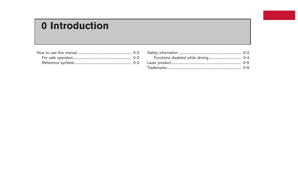 Introduction, 0 introduction | NISSAN 2015 GT R - Multi Function Display Owner's Manual User Manual | Page 4 / 298