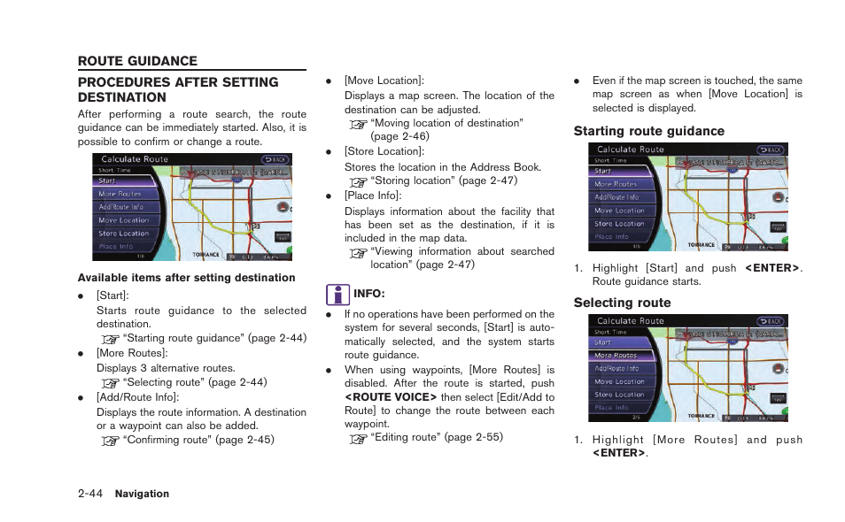 Route guidance -44, Procedures after setting destination -44 | NISSAN 2015 GT R - Multi Function Display Owner's Manual User Manual | Page 69 / 298
