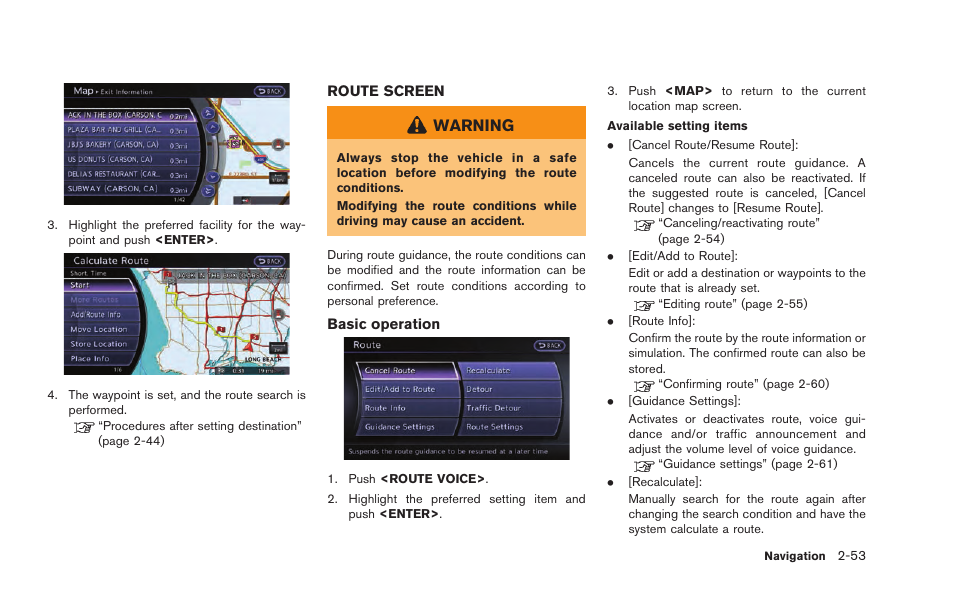 Route screen -53, Warning | NISSAN 2015 GT R - Multi Function Display Owner's Manual User Manual | Page 78 / 298