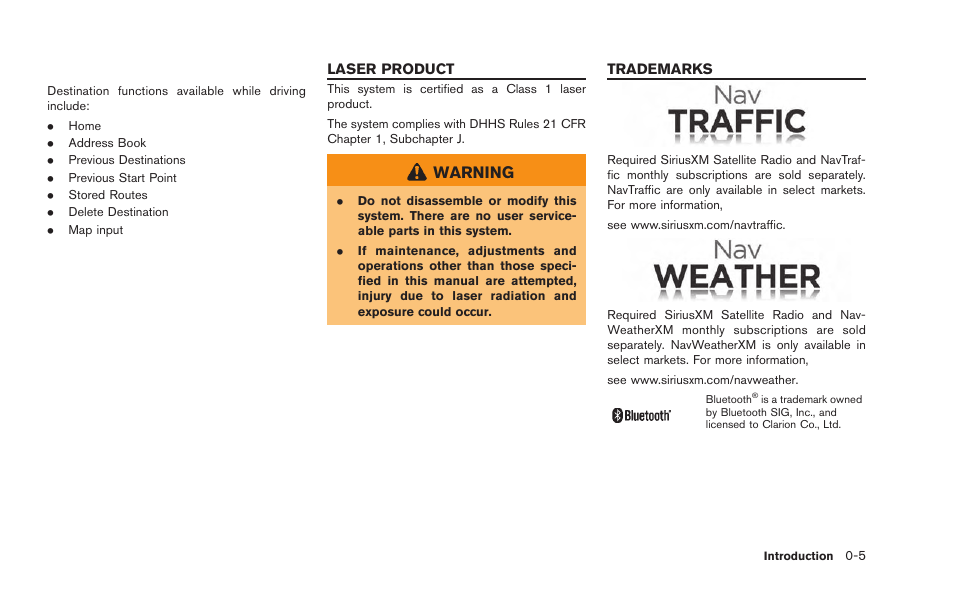 Laser product -5 trademarks -5, Warning | NISSAN 2015 GT R - Multi Function Display Owner's Manual User Manual | Page 8 / 298