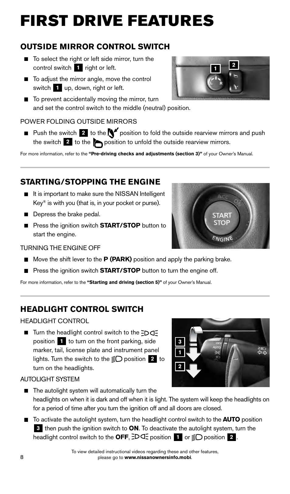 First drive features, Outside mirror control switch, Headlight control switch | Starting/stopping the engine | NISSAN 2015 GT R - Quick Reference Guide User Manual | Page 10 / 23
