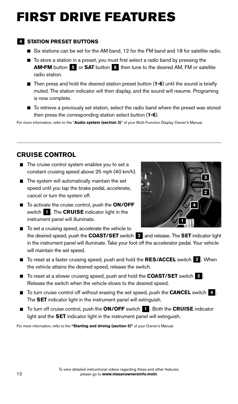 First drive features, Cruise control | NISSAN 2015 GT R - Quick Reference Guide User Manual | Page 14 / 23