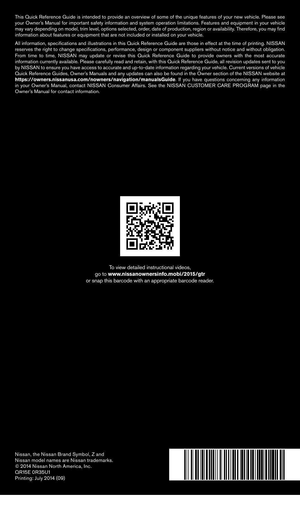 NISSAN 2015 GT R - Quick Reference Guide User Manual | Page 23 / 23