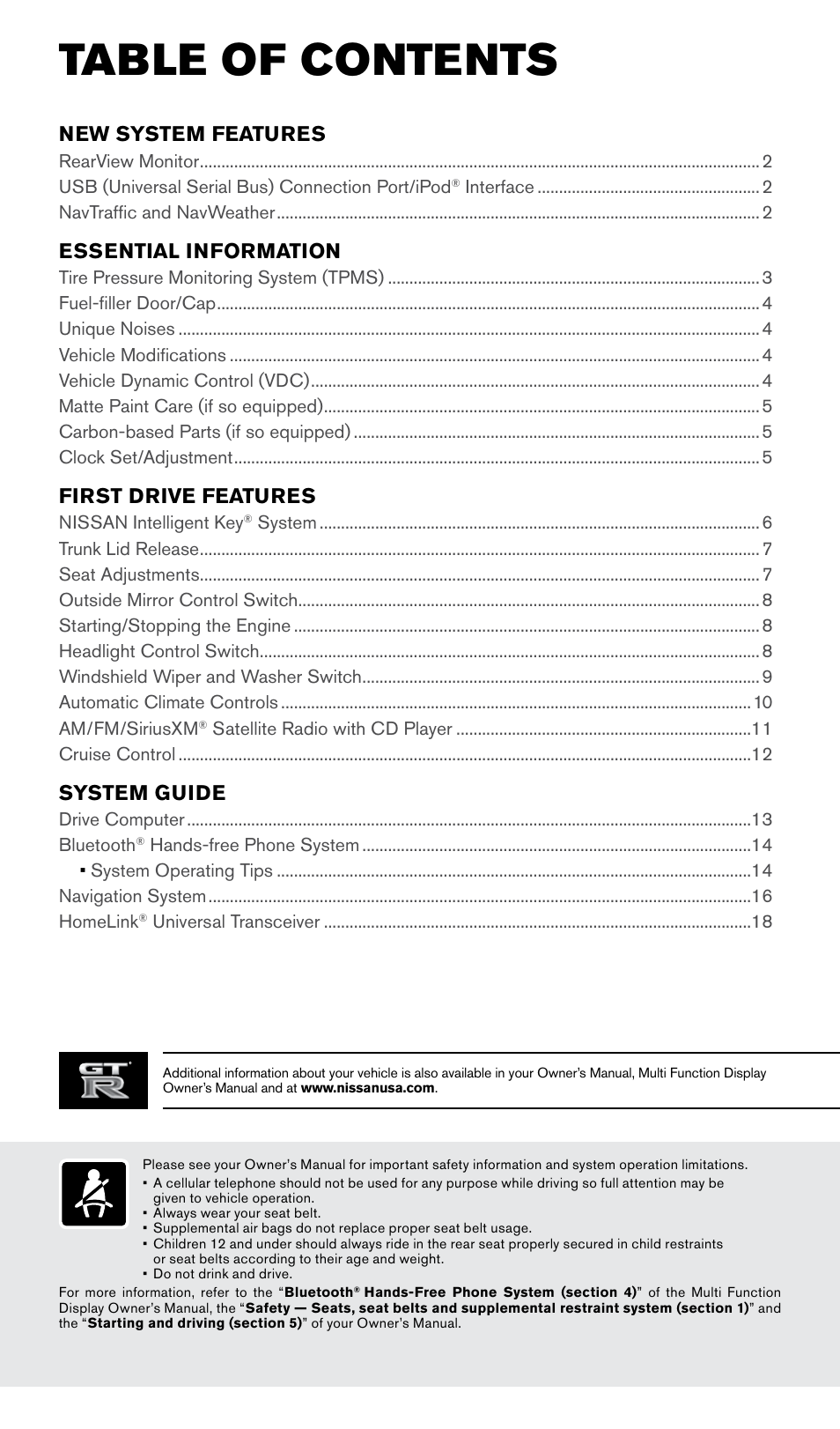 NISSAN 2015 GT R - Quick Reference Guide User Manual | Page 3 / 23