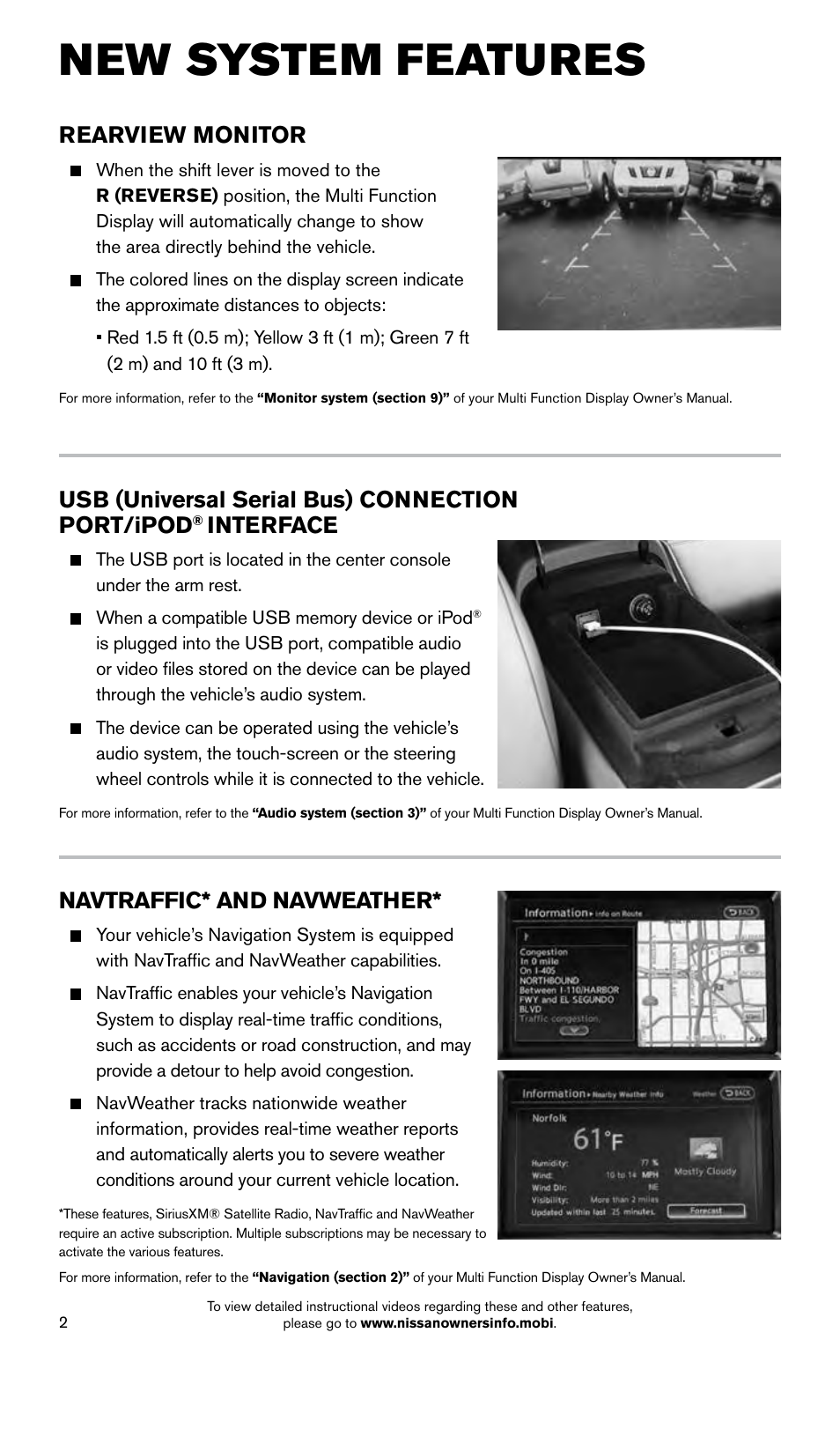 New system features, Rearview monitor, Navtraffic* and navweather | Usb (universal serial bus) connection port/ipod, Interface | NISSAN 2015 GT R - Quick Reference Guide User Manual | Page 4 / 23