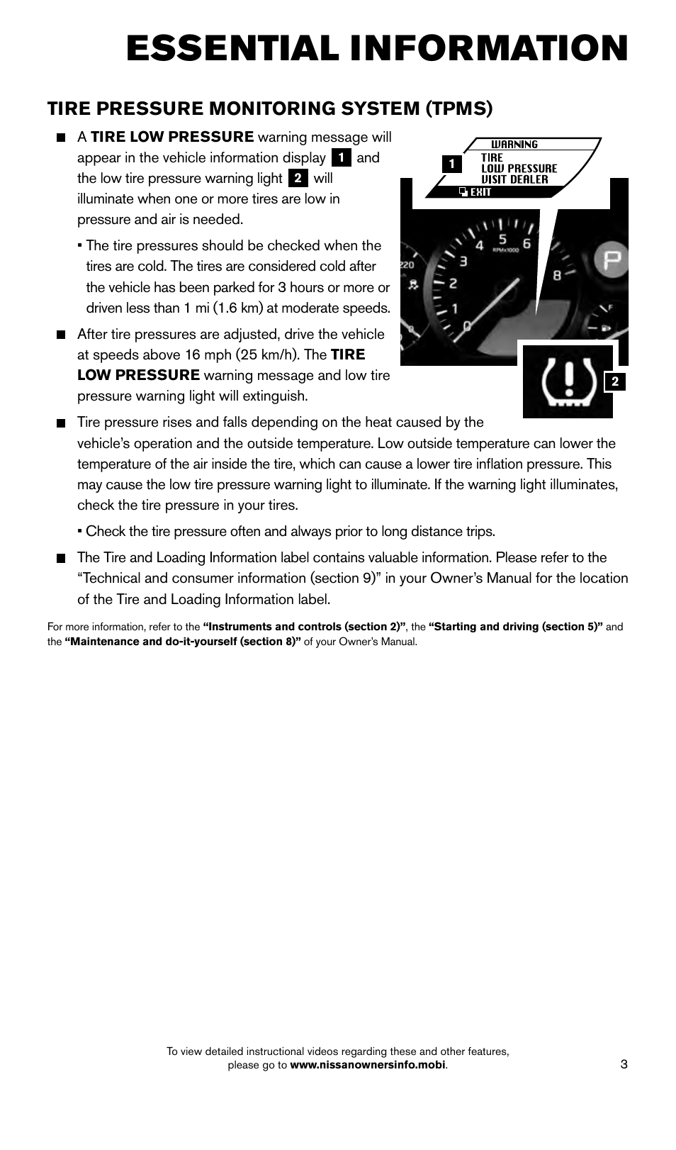 Essential information, Tire pressure monitoring system (tpms) | NISSAN 2015 GT R - Quick Reference Guide User Manual | Page 5 / 23
