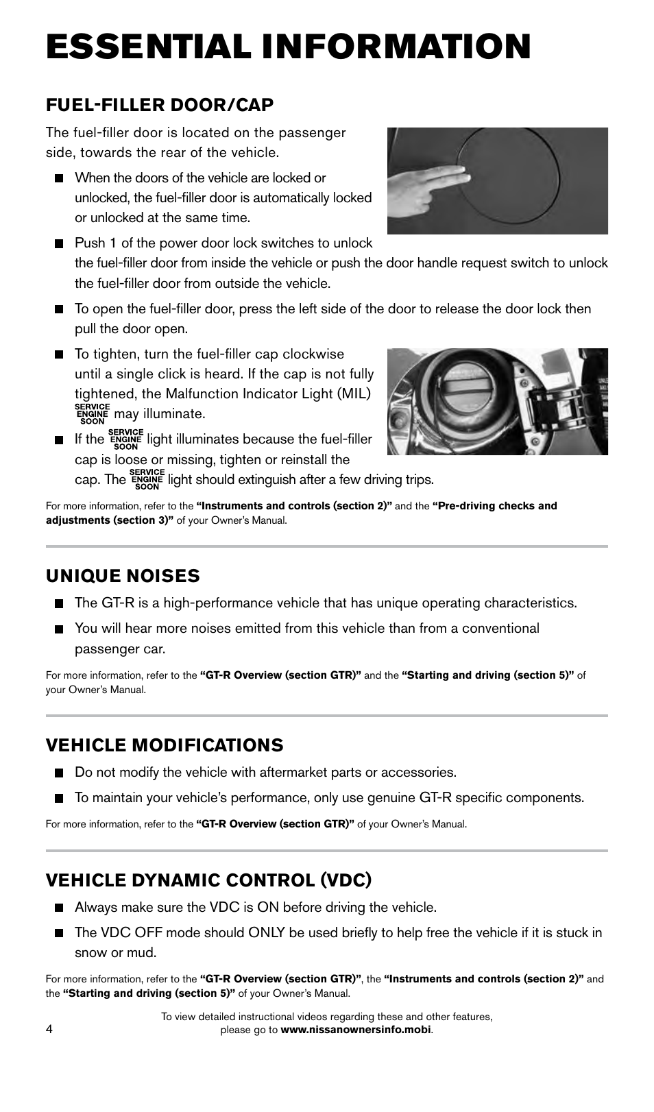 Essential information, Vehicle modifications, Vehicle dynamic control (vdc) | Fuel-filler door/cap, Unique noises | NISSAN 2015 GT R - Quick Reference Guide User Manual | Page 6 / 23