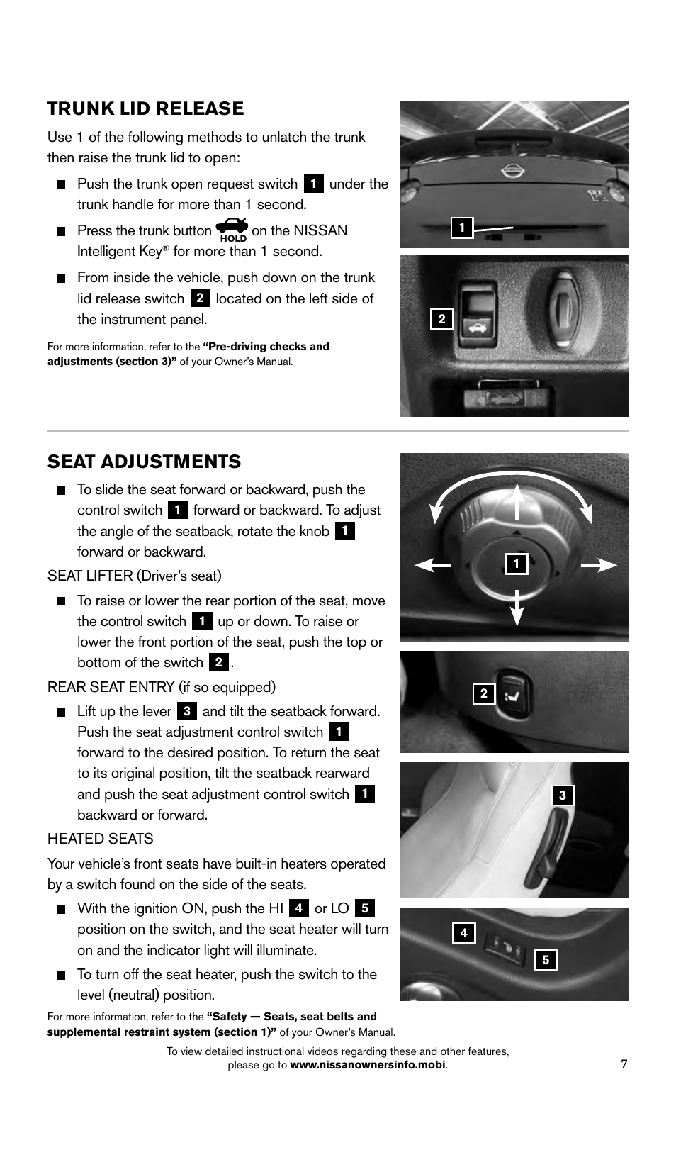 Trunk lid release, Seat adjustments | NISSAN 2015 GT R - Quick Reference Guide User Manual | Page 9 / 23