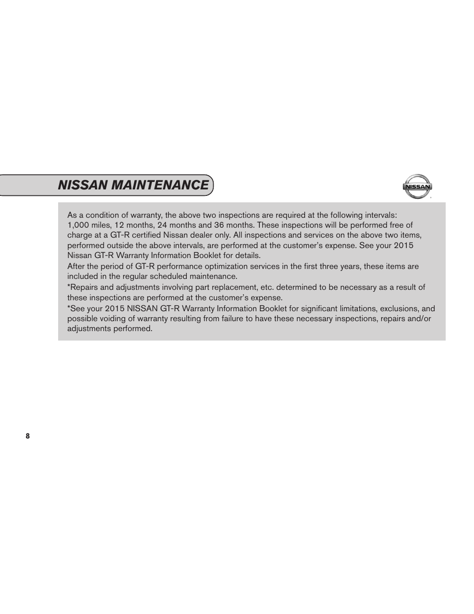 Nissan maintenance | NISSAN 2015 GT R - Service & Maintenance Guide User Manual | Page 10 / 83