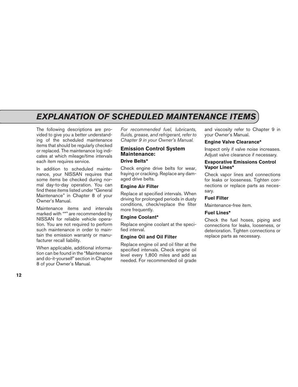 Explanation of scheduled maintenance items | NISSAN 2015 GT R - Service & Maintenance Guide User Manual | Page 14 / 83