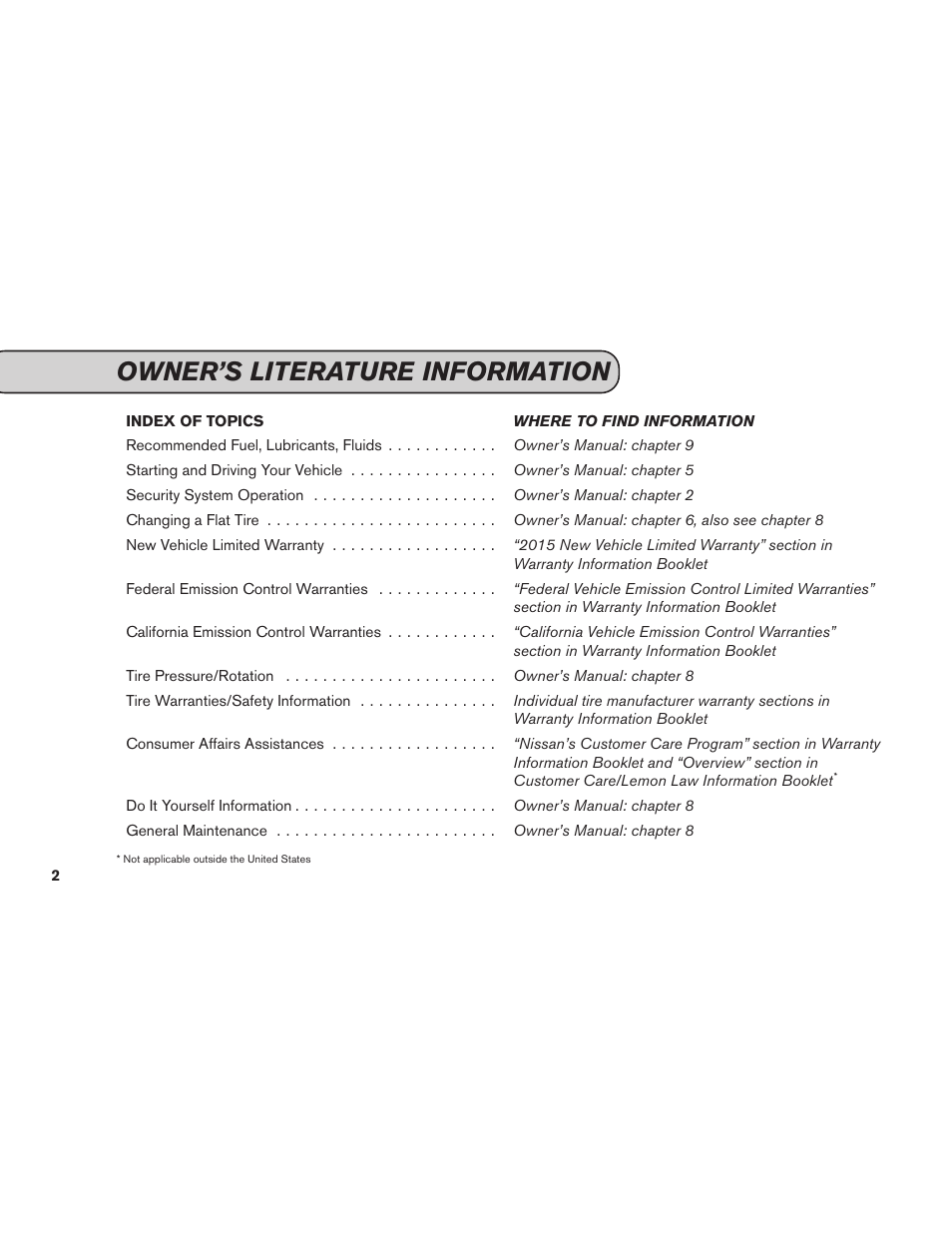 Owner’s literature information | NISSAN 2015 GT R - Service & Maintenance Guide User Manual | Page 4 / 83