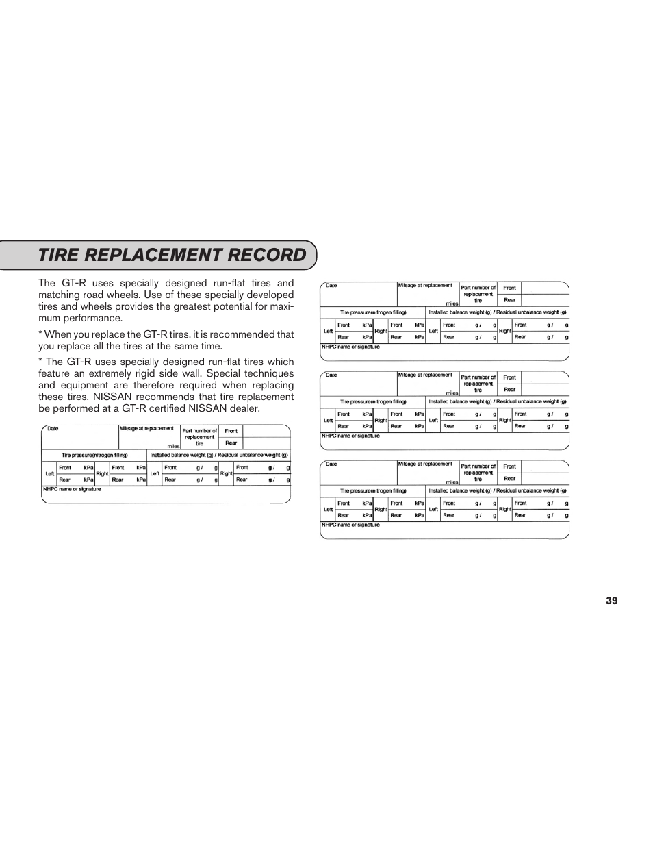 Tire replacement record | NISSAN 2015 GT R - Service & Maintenance Guide User Manual | Page 41 / 83