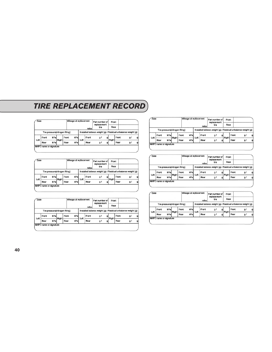 Tire replacement record | NISSAN 2015 GT R - Service & Maintenance Guide User Manual | Page 42 / 83