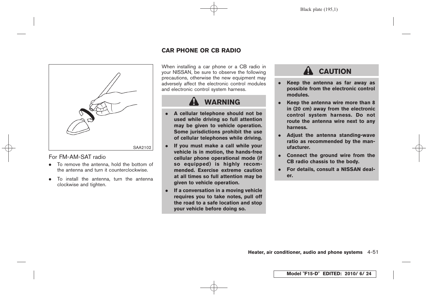 Car phone or cb radio -51, Warning, Caution | NISSAN 2011 JUKE - Owner's Manual User Manual | Page 195 / 345